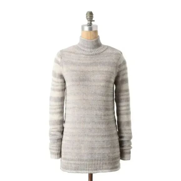 Anthropologie / Moth Striped Twin Shadow High Neck Grey White Wool Sweater - Picture 1 of 8